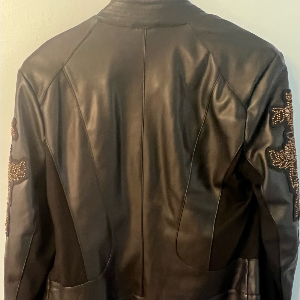 Faux lambskin black moto jacket with beading
